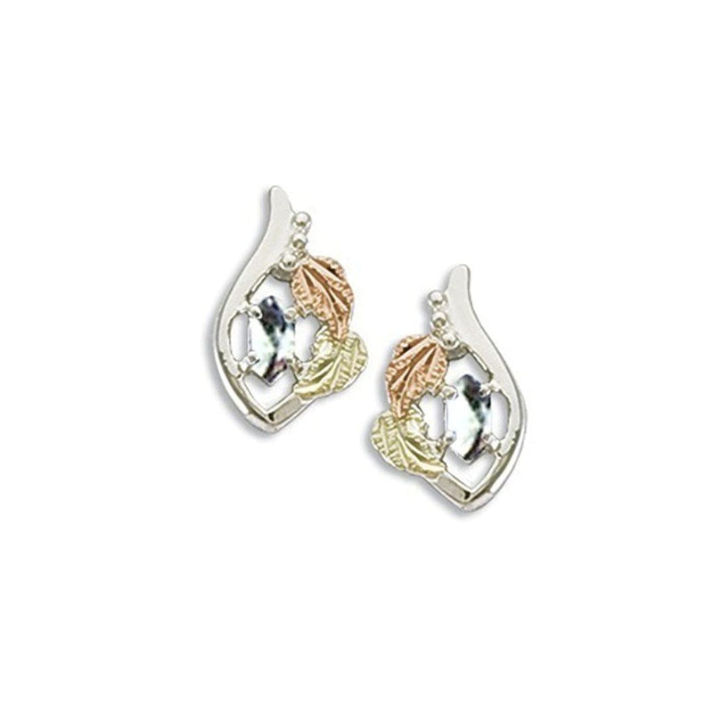 Ave 369 Created White Spinel Marquise April Birthstone Earrings, Sterling Silver, 12k Green and Rose Gold Black Hills Gold Motif