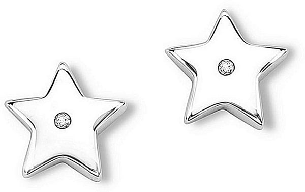 Diamond Star Earrings, Rhodium Plated Sterling Silver