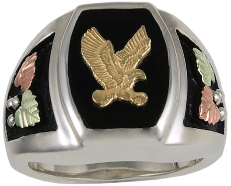 The Men's Jewelry Store 10k Yellow Bald Eagle Antiqued Ring, Sterling Silver, 12k Green and Rose Gold Black Hills Gold Motif, Size 13