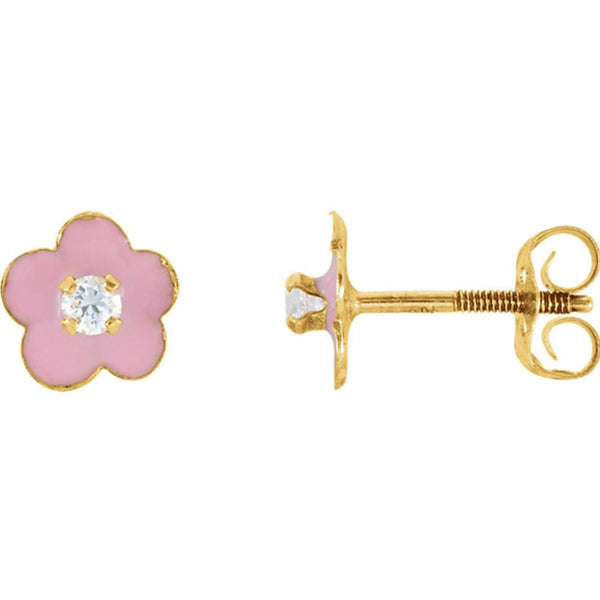 Girl's Pink Enamel Flower CZ Earrings, 14k Yellow Gold