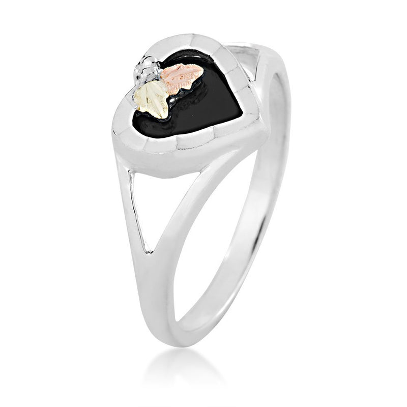 Onyx Heart Ring, Sterling Silver, 12k Green and Rose Gold Black Hills Gold Motif
