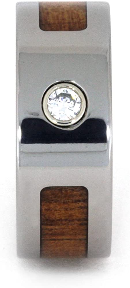 Bezel Set Diamond, Koa Wood 8mm Comfort-Fit Titanium Wedding Band, Size 4.75