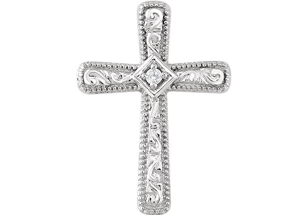 Diamond Accented Milgrain Cross Pendant, Rhodium-Plated 14k White Gold Pendant (.01 Ct, H+ Color, I1 Clarity)