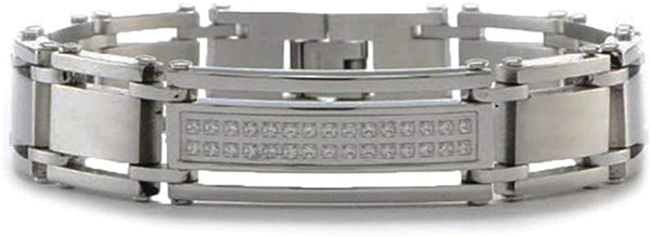 Men's Polished & Brushed Stainless Steel 14mm CZs Link Bracelet, 8.5 Inches
