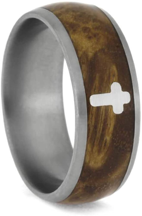 Black Ash Burl with Silver Cross 8mm Matte Comfort-Fit Titanium Band, Size 9.75