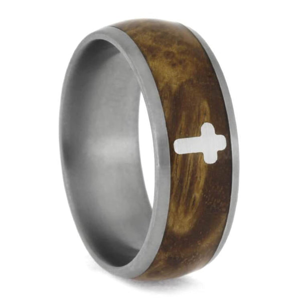 The Men's Jewelry Store (Unisex Jewelry) Black Ash Burl with Silver Cross 8mm Matte Comfort-Fit Titanium Band