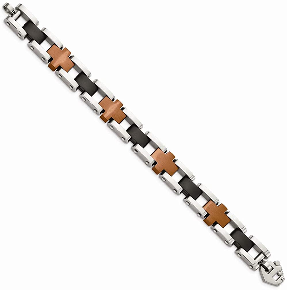 Men's Brushed Stainless Steel 12mm Brown and Black IP Bracelet, 8.75 Inches