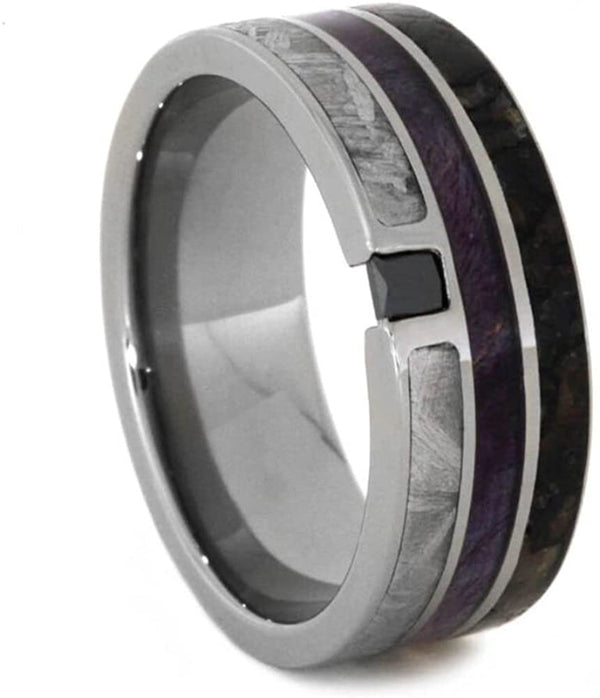 The Men's Jewelry Store (Unisex Jewelry) Black Diamond, Dinosaur Bone, Meteorite, Purple Box Elder Wood 8.5mm Titanium Comfort-Fit Band, Size 14