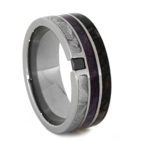 The Men's Jewelry Store (Unisex Jewelry) Black Diamond, Dinosaur Bone, Meteorite, Purple Box Elder Wood 8.5mm Titanium Comfort-Fit Band, Size 10.5