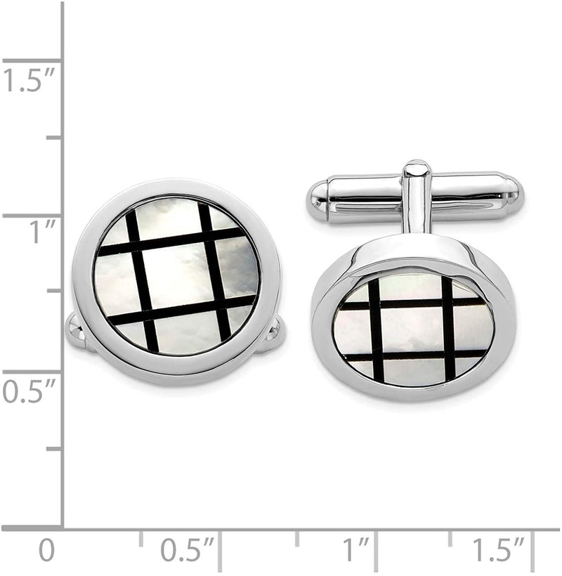 Italian Rhodium-Plated Sterling Silver, Mother of Pearl Round Cuff Links, 18 Millimeters