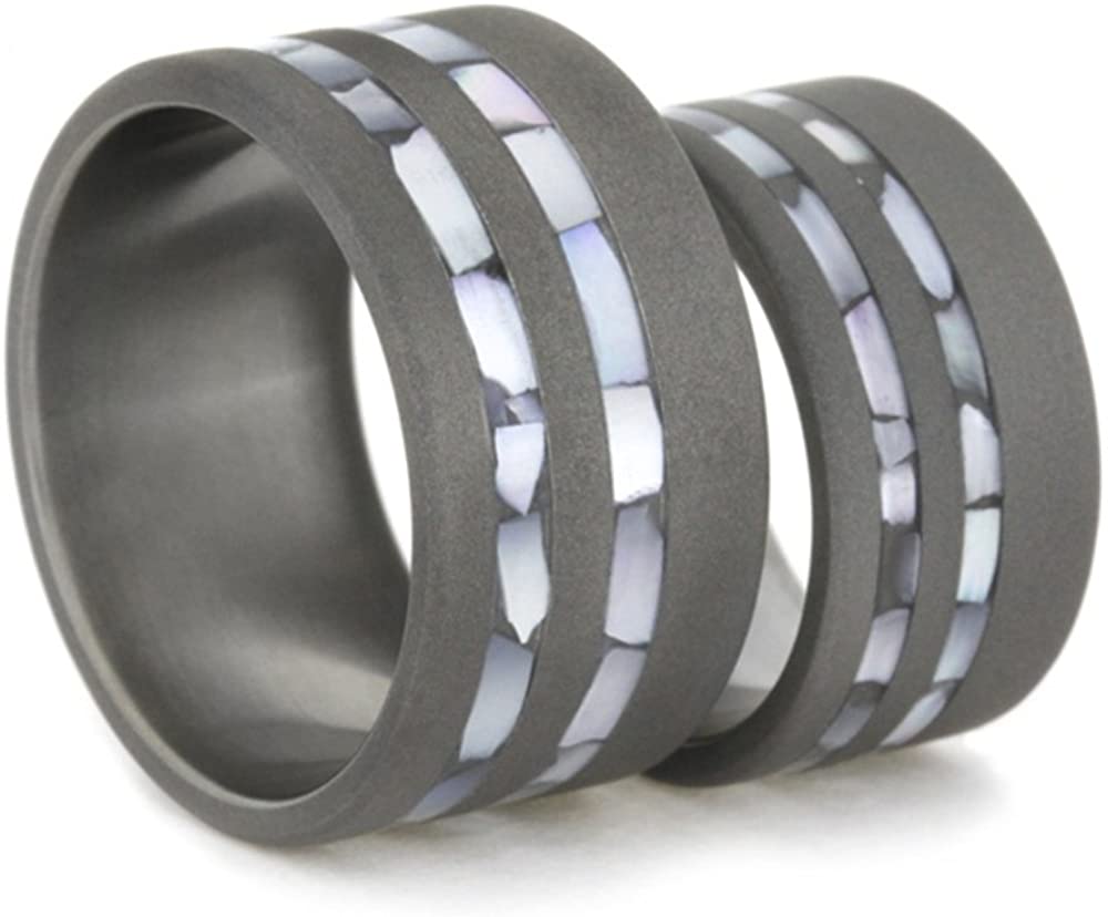 Mother of Pearl Inlay, Sandblasted Comfort-Fit Titanium His and Hers Wedding Band Set, M11-F6.5