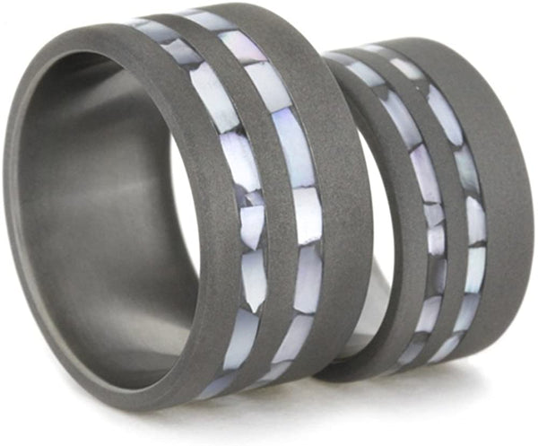 Mother of Pearl Inlay, Sandblasted Comfort-Fit Titanium His and Hers Wedding Band Set, M14-F8