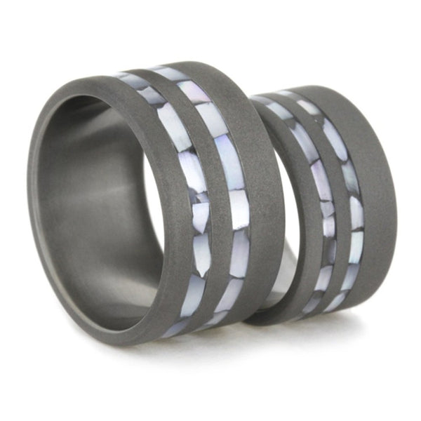 Mother of Pearl Inlay, Sandblasted Comfort-Fit Titanium His and Hers Wedding Band Set, M10.5-F9.5