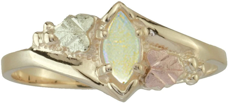 Opal Cabochon Marquise Bypass Ring, 10k Yellow Gold, 12k Green and Rose Gold Black Hills Gold Motif, Size 5