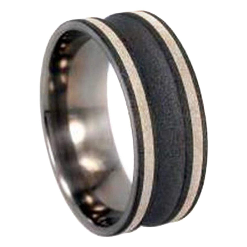 Scoop Profile, Sterling Silver Pinstripes 9mm Comfort Fit Sandblasted Titanium Wedding Band