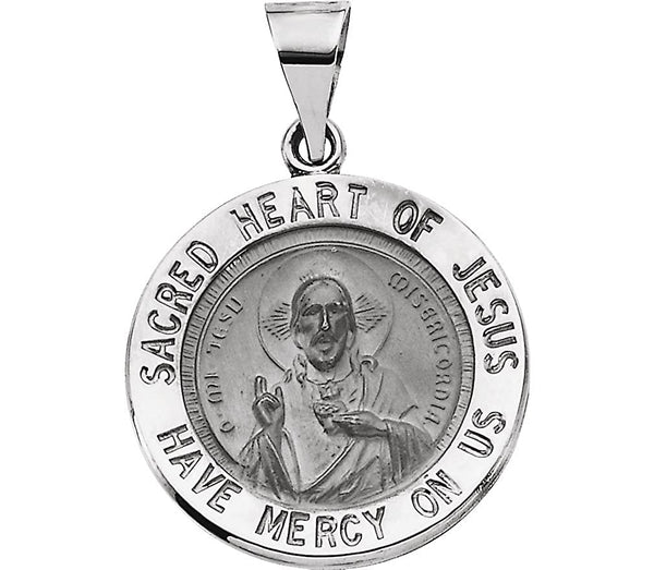 Rhodium Plated 14k White Gold Round Hollow Sacred Heart of Jesus Medal (18.5 MM)