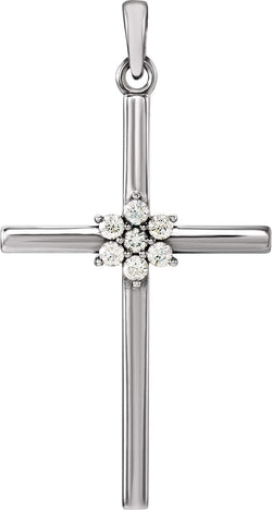 Large 7-Stone Diamond Cluster Christian Cross 14k White Gold Pendant (.10 Ctw) 30.40X16.26MM