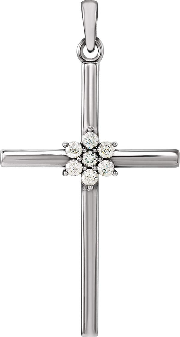 Large 7-Stone Diamond Cluster Christian Cross 14k White Gold Pendant (.10 Ctw) 30.40X16.26MM