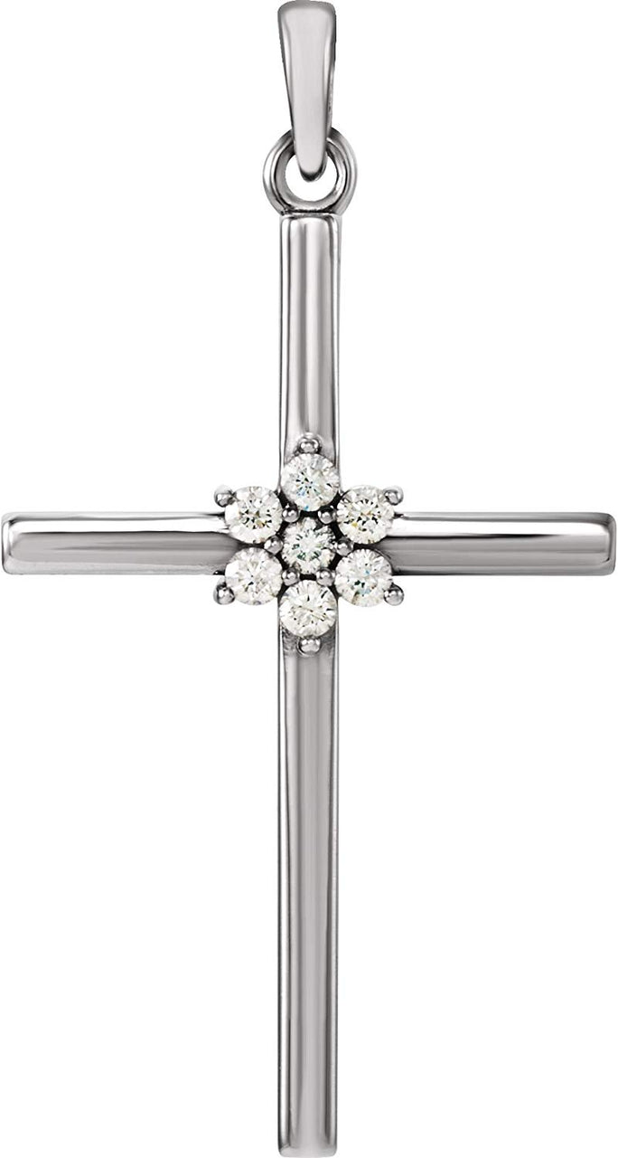 Large 7-Stone Diamond Cluster Christian Cross 14k White Gold Pendant (.10 Ctw) 30.40X16.26MM