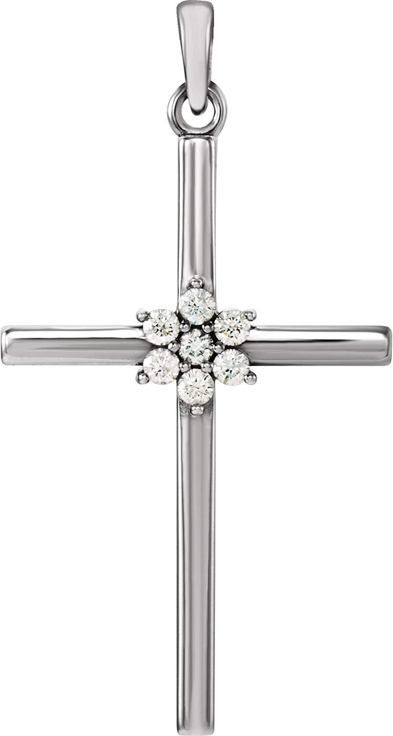 Large 7-Stone Diamond Cluster Christian Cross 14k White Gold Pendant (.10 Ctw) 30.40X16.26MM