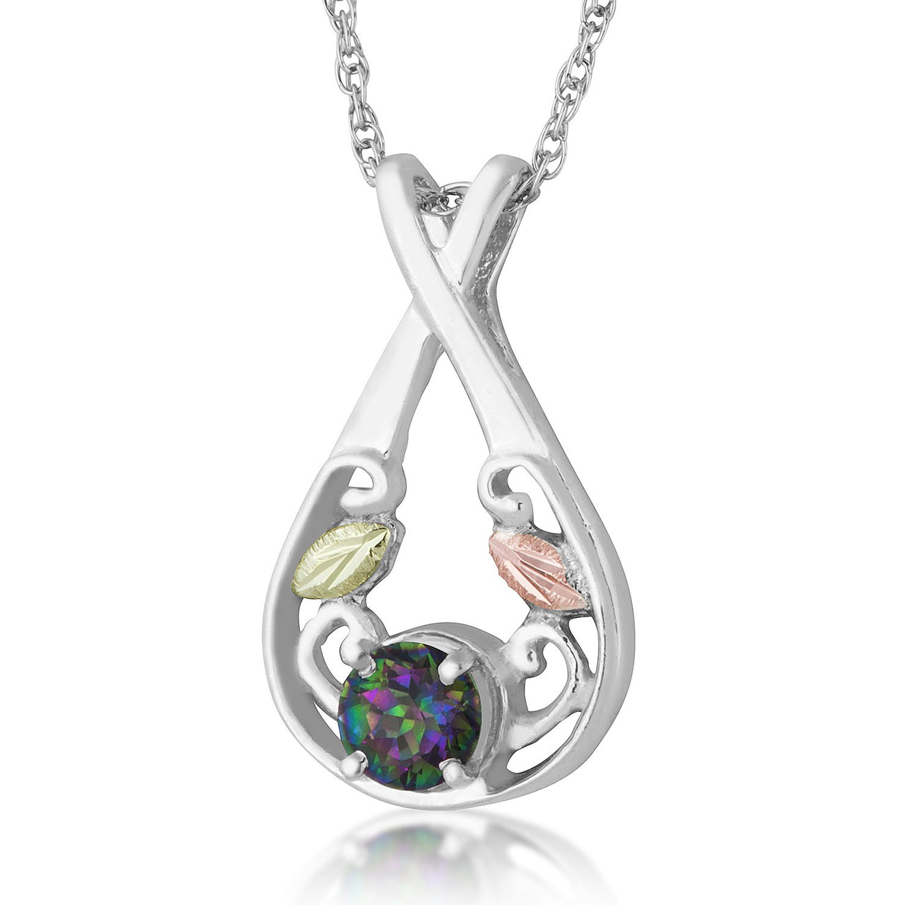 Mystic Fire Topaz Teardrop Pendant Necklace, Sterling Silver, 12k Green and Rose Gold Black Hills Gold Motif, 18''