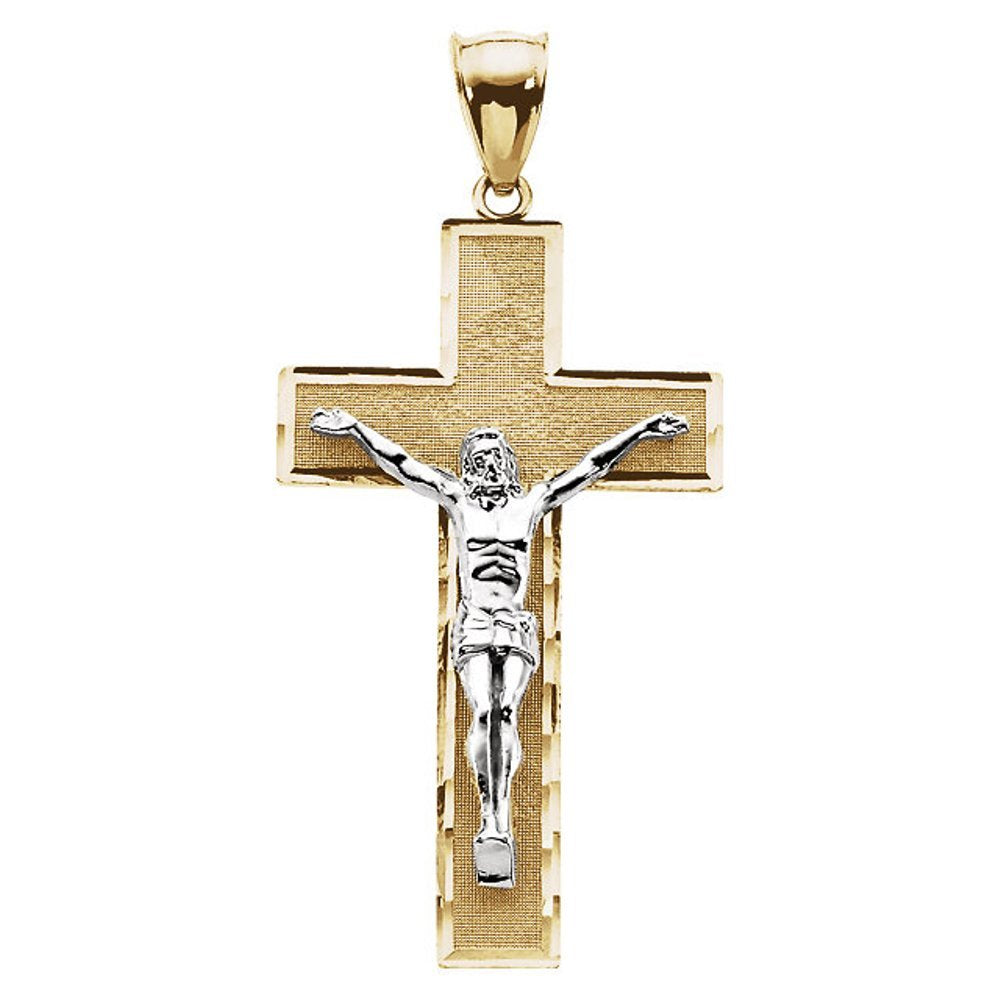 Two-Tone Crucifix with Textured Design 14k Yellow and White Gold Pendant (26.5X15.2MM)