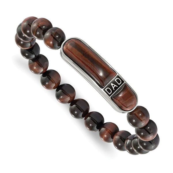 Men's Stainless Steel 10.47mm Enameled Tiger's Eye Beaded DAD Stretch Bracelet