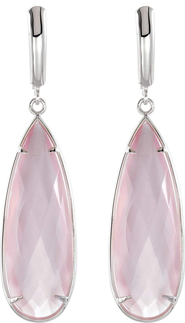 Two-Sided 27.9 Ctw Checkerboard Rose Quartz Pear Sterling Silver Earrings