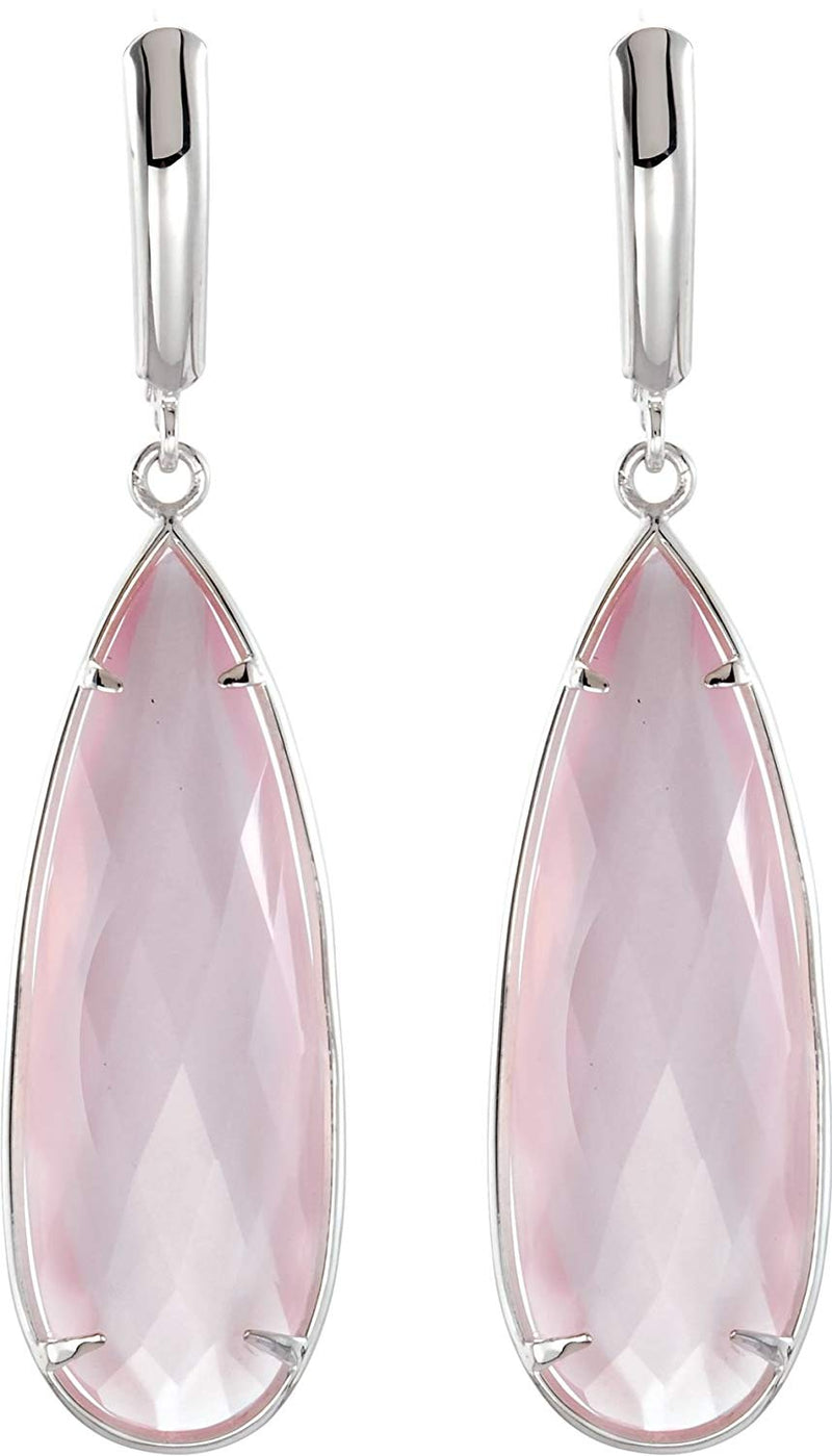 Two-Sided 27.9 Ctw Checkerboard Rose Quartz Pear Sterling Silver Earrings