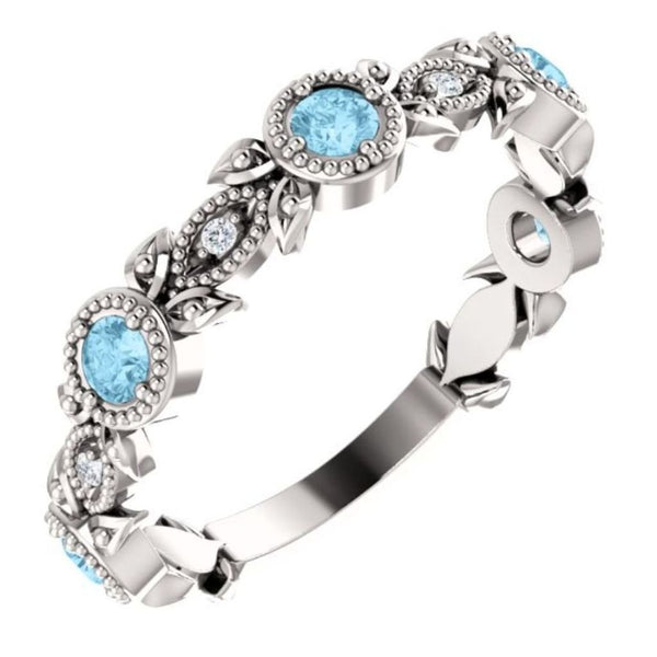 Platinum Aquamarine and Diamond Vintage-Style Ring (0.03 Ctw, G-H Color, SI2-SI3 Clarity)