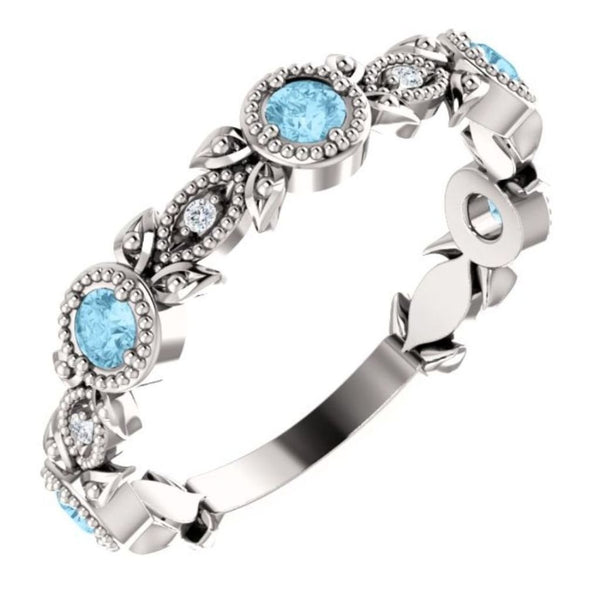 Aquamarine and Diamond Vintage-Style Ring, Rhodium-Plated 14k White Gold (.03 Ctw, Color G-H, I1 clarity)