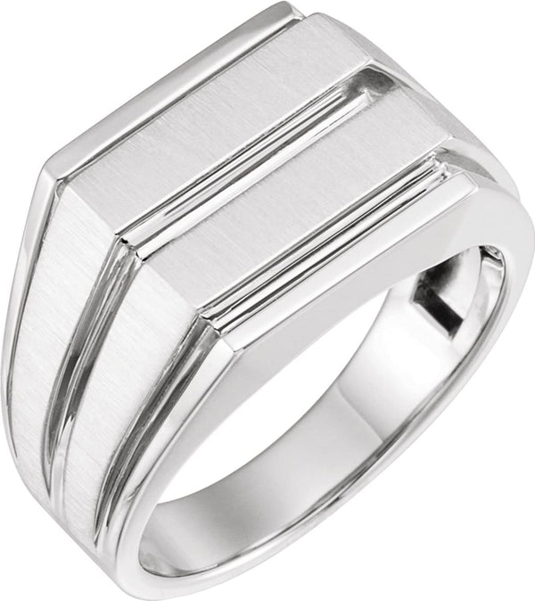 Men's Brushed-Satin Grooved Signet Ring, Rhodium-Plated 14k White Gold, Size 10