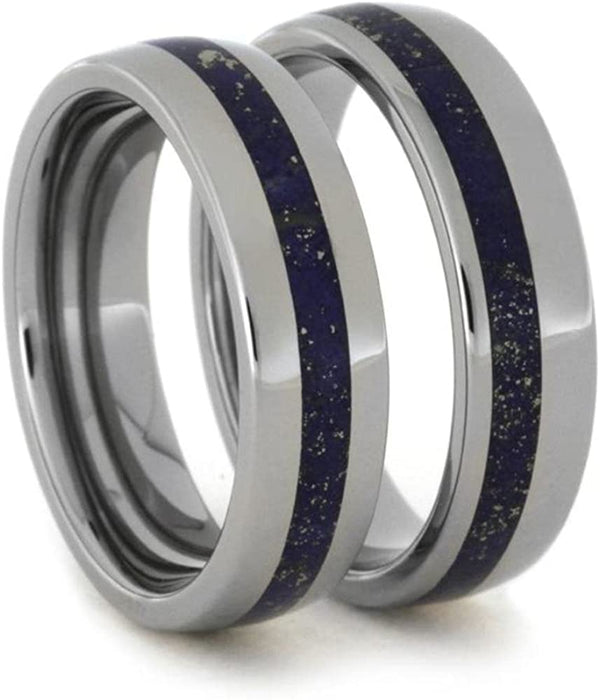 Lapis Lazuli Comfort-Fit His and Hers Titanium Wedding Band Set, M12.5-F5.5