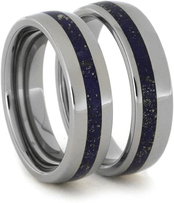 Lapis Lazuli Comfort-Fit His and Hers Titanium Wedding Band Set, M9-F4.5