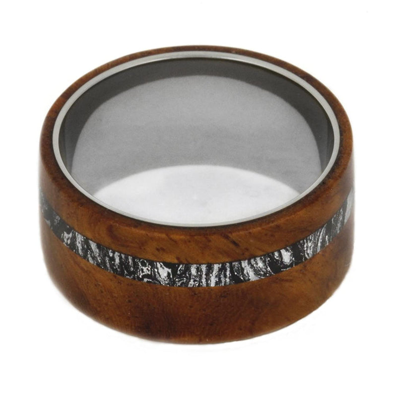 Amboyna Burl, Black and White Mokume Gane 9.5mm Comfort-Fit Titanium Wedding Band, Size 13.75