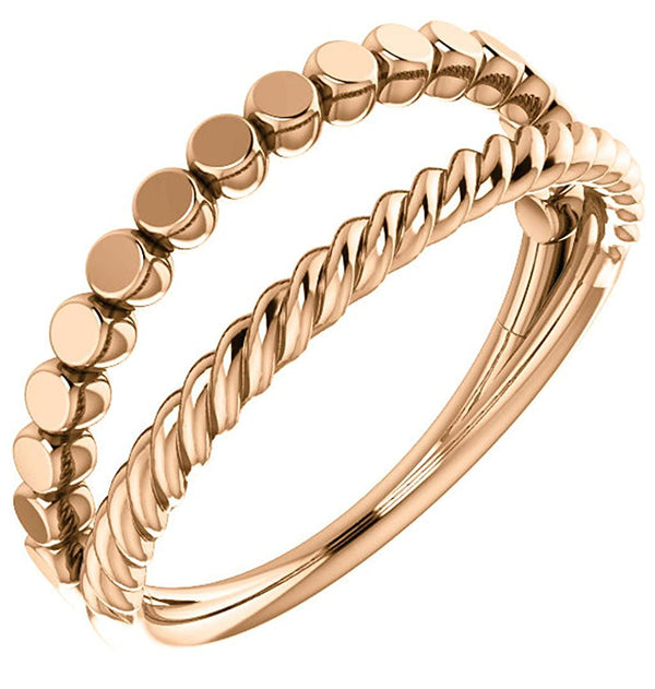 Rope Trim and Flat Granulated Bead Twin Stacking Ring, 14k Rose Gold