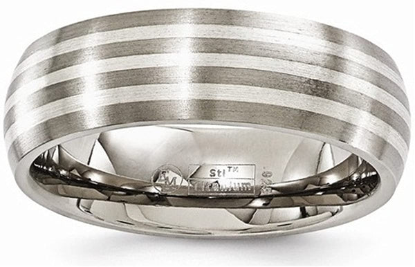 Edward Mirell Titanium with Brushed Sterling Silver Inlay 7mm Domed Band, Size 8