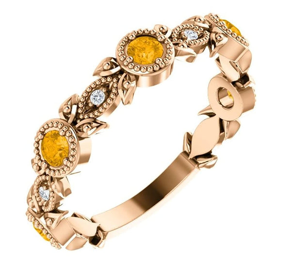 Citrine and Diamond Vintage-Style Ring, 14k Rose Gold (0.03 Ctw, G-H Color, I1 Clarity)