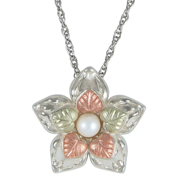 White Freshwater Cultured Pearl Flower Necklace, Sterling Silver, 12k Rose Gold, 12k Green Gold, 18"