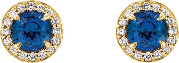 Chatham Created Blue Sapphire and Diamond Halo-Style Earrings, 14k Yellow Gold (5 MM) (.16 Ctw, G-H Color, I1 Clarity)