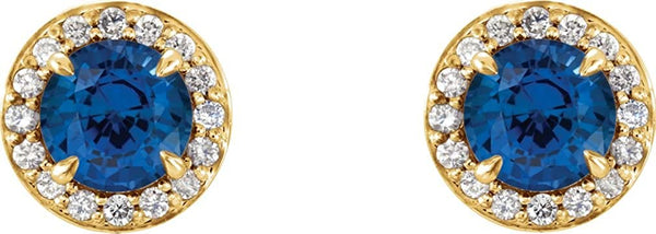 Chatham Created Blue Sapphire and Diamond Halo-Style Earrings, 14k Yellow Gold (3.5 MM) (.16 Ctw, G-H Color, I1 Clarity)