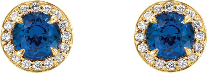 Chatham Created Blue Sapphire and Diamond Halo-Style Earrings, 14k Yellow Gold (3.5 MM) (.16 Ctw, G-H Color, I1 Clarity)