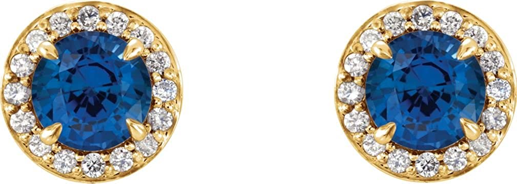 Chatham Created Blue Sapphire and Diamond Halo-Style Earrings, 14k Yellow Gold (4.5 MM) (.16 Ctw, G-H Color, I1 Clarity)