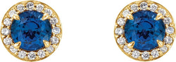Chatham Created Blue Sapphire and Diamond Halo-Style Earrings, 14k Yellow Gold (4.5 MM) (.16 Ctw, G-H Color, I1 Clarity)