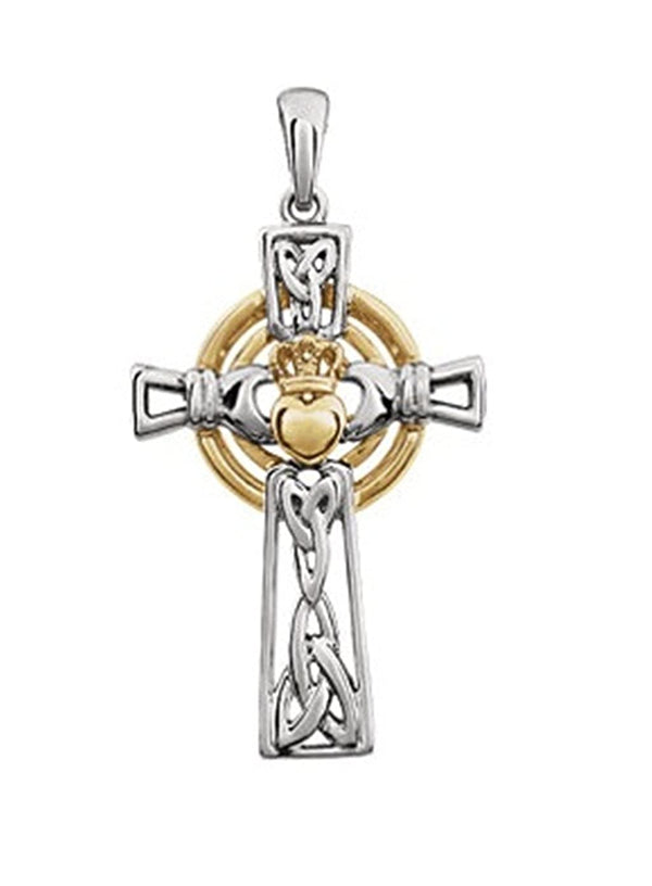 Two-Tone Claddagh Cross Rhodium-Plated 14k White and Yellow Gold Pendant (34.00X19.00 MM)
