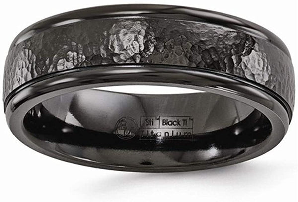 Black Ti Collection Black Titanium Grooved Hammered 7mm Wedding Band, Size 8.5