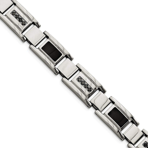 Men's Stainless Steel 12 mm Black Enamel and Black Diamonds Bracelet, 8.5" (0.05 Ctw)