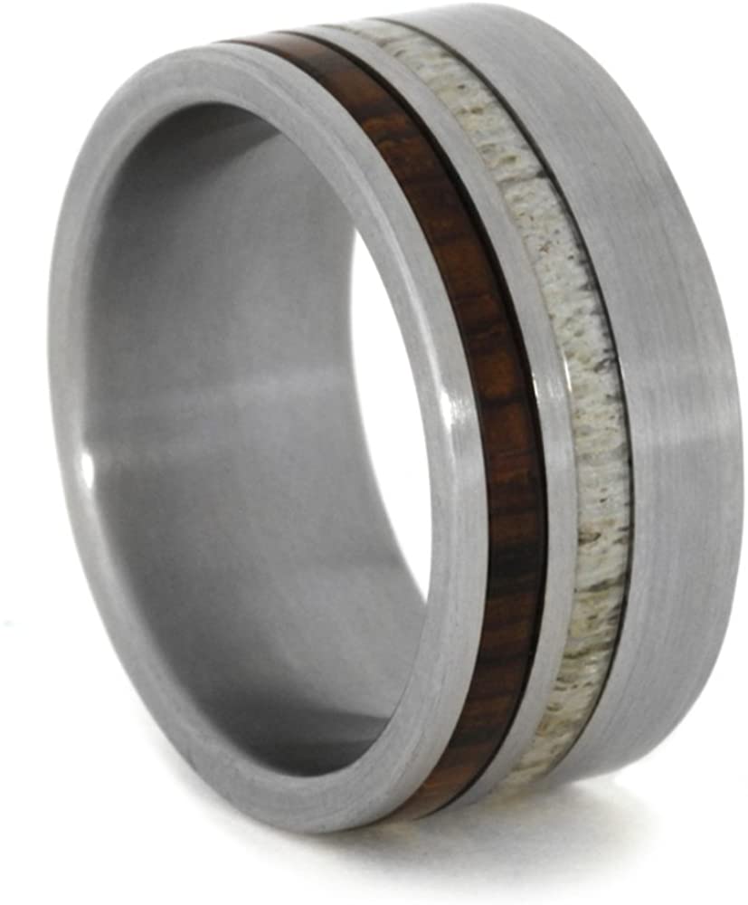 Cocobolo Wood, Deer Antler 10mm Comfort-Fit Interchangeable Titanium Wedding Band, Size 8.75