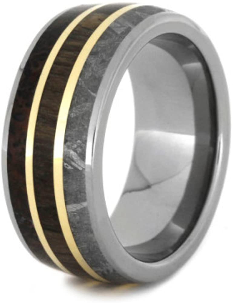 Gibeon Meteorite, Dinosaur Bone, Petrified Wood, 14k Yellow Gold 9mm Comfort-Fit Titanium Wedding Band, Size 4.5