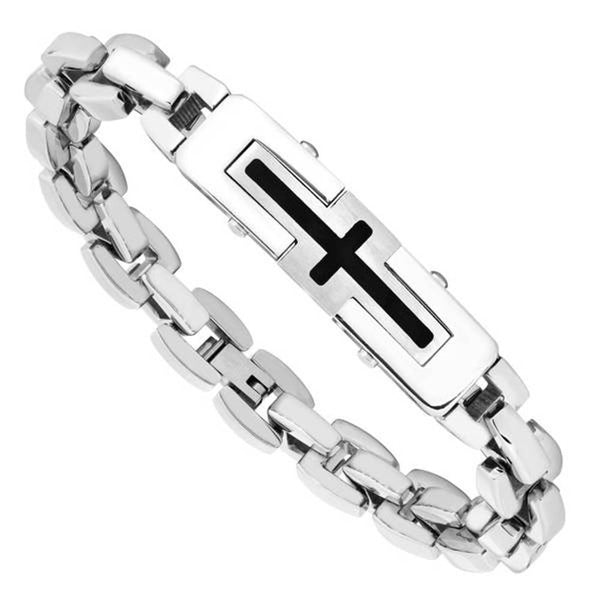 Men's Inlaid Black Ion Plated Cross Link Bracelet, Stainless Steel, 8.5"